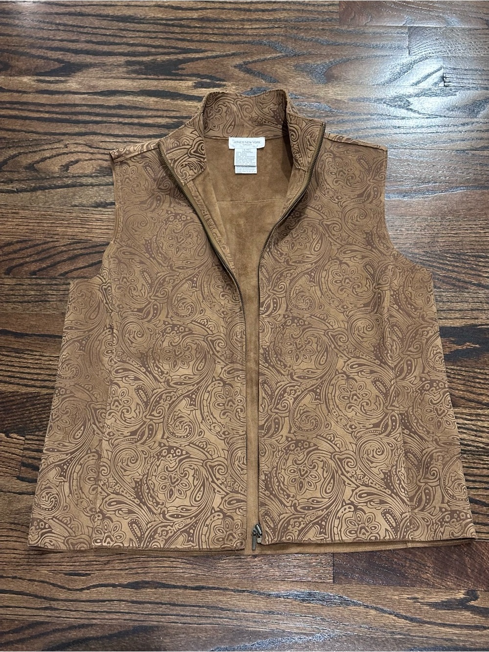 Jones New York Brown Faux Suede Paisley Embossed Western Zip Vest